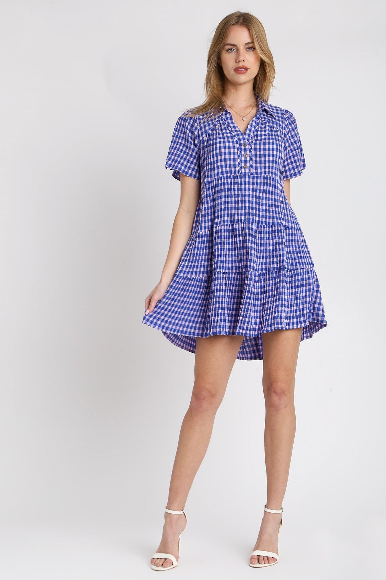 Umgee Full Size Gingham Tiered Button Detail Short Sleeve Dress Plus Size Casual Dresses