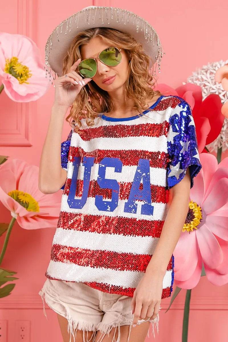 BiBi American Flag Theme USA Lettering Sequin Top - Shop Style & More | Fresh Looks, Everyday Deals & Free Shipping