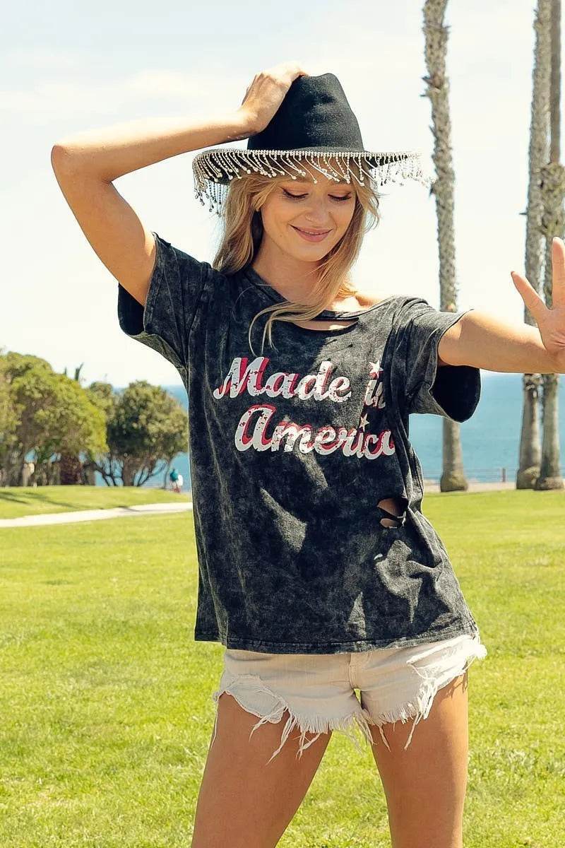 BiBi Laser Cut Mineral Washed America Print Top - Shop Style & More | Fresh Looks, Everyday Deals & Free Shipping