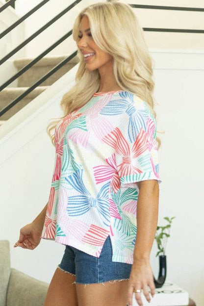 Kaeli Bowknot Waffle Crewneck Loose Short Sleeve T - Shop Style & More | Fresh Looks, Everyday Deals & Free Shipping