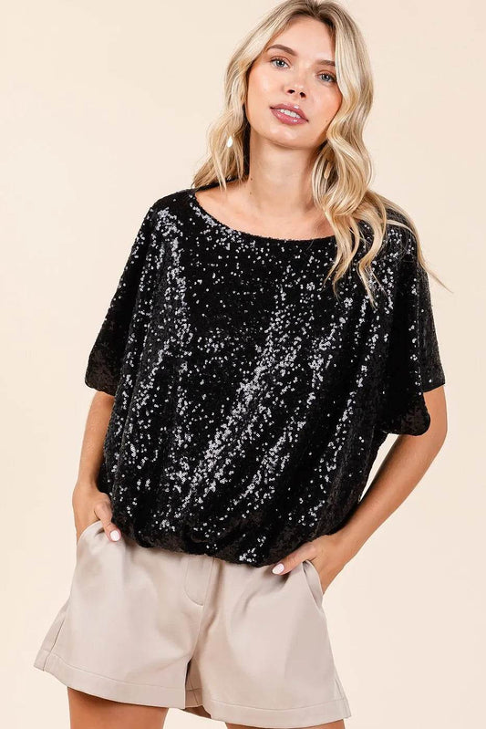 Mittoshop Sequin Short Sleeve Elastic Band Hem Top - Shop Style & More | Fresh Looks, Everyday Deals & Free Shipping