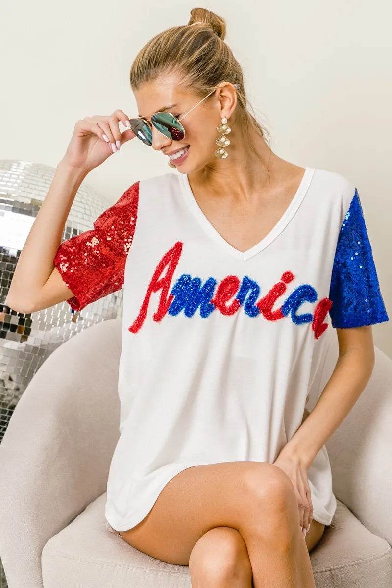 BiBi Metallic Letter V-neck Sequin Sleeves Top - Shop Style & More | Fresh Looks, Everyday Deals & Free Shipping