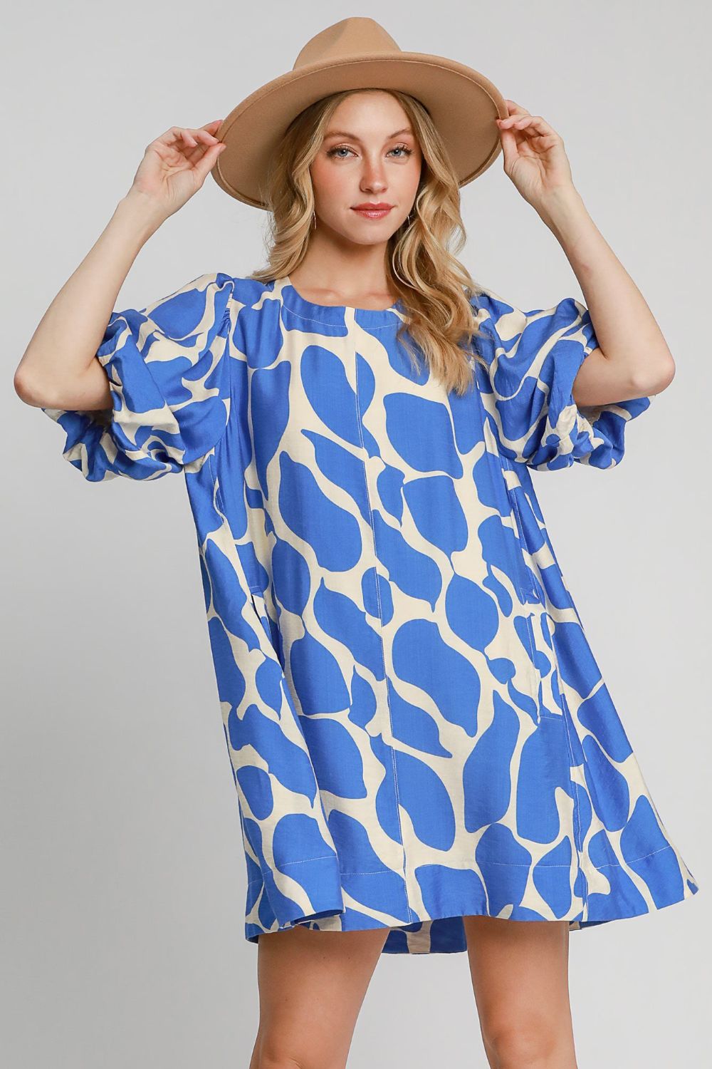 Umgee Two Tone Abstract Print Puff Sleeve Dress Blue Casual Dresses