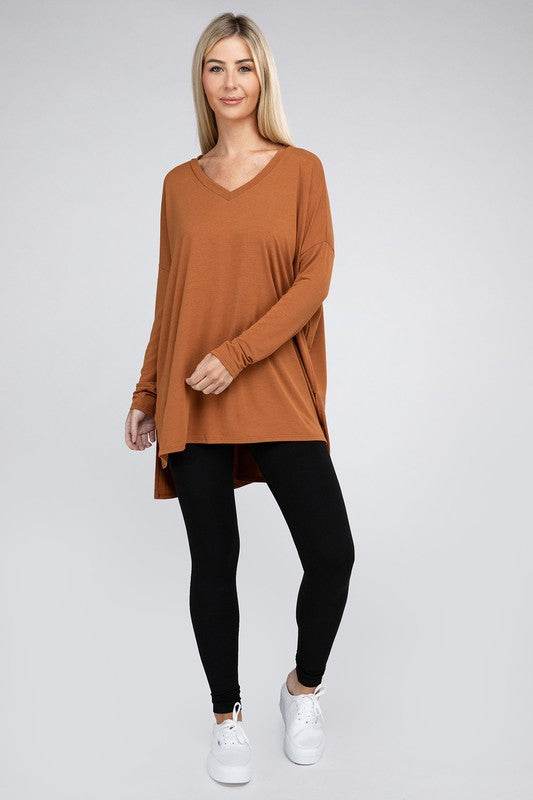 Dolman Long Sleeve V-Neck Side Slit Hi-Low Hem Top - Shop Style & More | Fresh Looks, Everyday Deals & Free Shipping