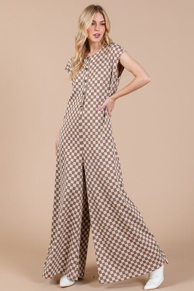 Ces Femme Checkered Half Button Jumpsuit with Cap Sleeves Taupe Jumpsuits