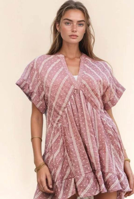 Davi & Dani Embroidery V Neck Short Sleeve Ruffled Mini Dress - Shop Style & More | Fresh Looks, Everyday Deals & Free Shipping
