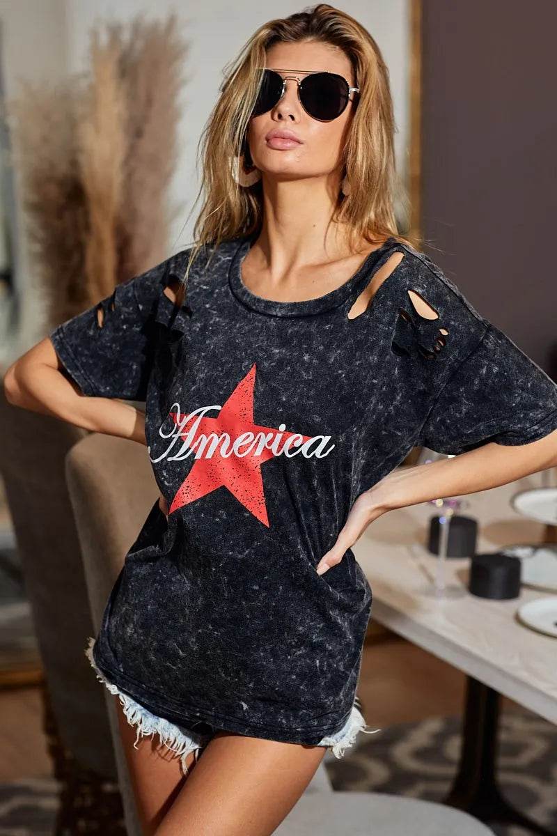 BiBi Laser Cut Mineral Washed Jersey Top with America - Shop Style & More | Fresh Looks, Everyday Deals & Free Shipping