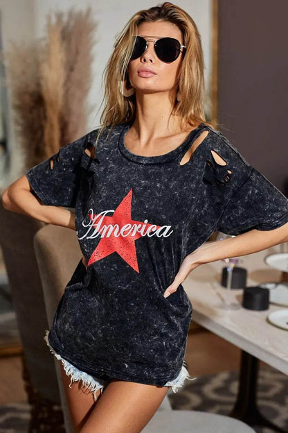 BiBi Laser Cut Mineral Washed Jersey Top with America - Shop Style & More | Fresh Looks, Everyday Deals & Free Shipping
