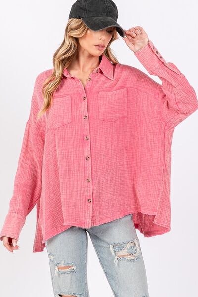 SAGE + FIG Frayed Hem Side Slit Button Down Shirt Pink Blouses