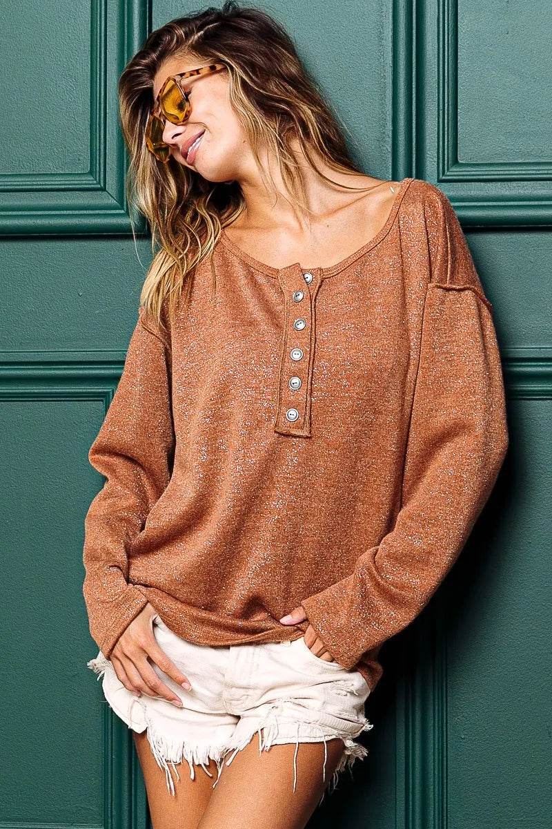 BiBi Mink Lurex Stitched Button Detail Top - Shop Style & More | Fresh Looks, Everyday Deals & Free Shipping