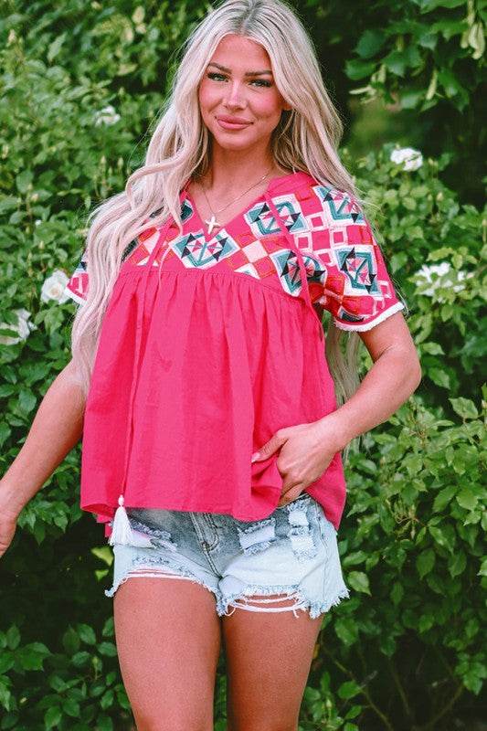 Zayla Embroidered Tassel Tie V Neck Blouse - Shop Style & More | Fresh Looks, Everyday Deals & Free Shipping