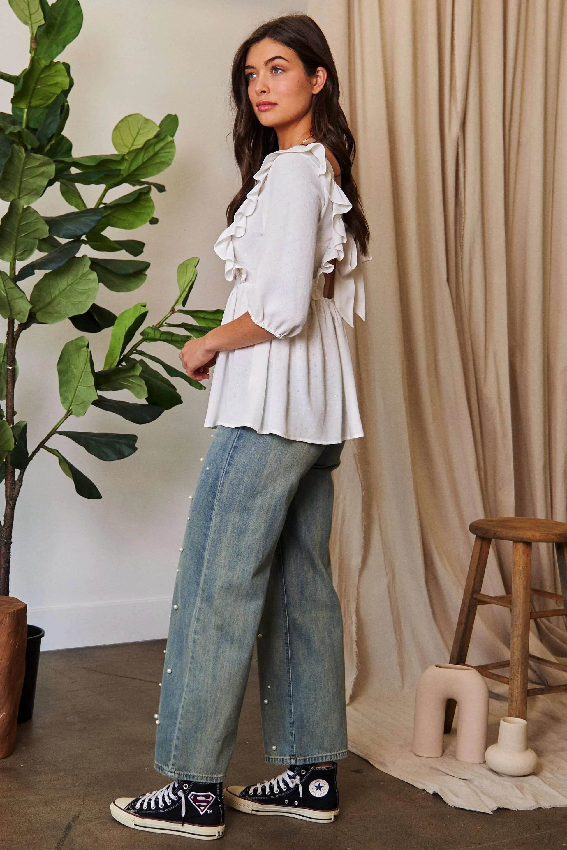 Davi & Dani Texture Tie Back Floral Embroidery Frill Blouse - Shop Style & More | Fresh Looks, Everyday Deals & Free Shipping