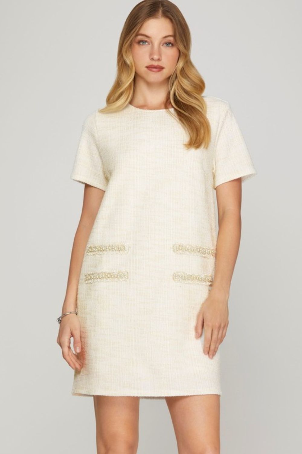 She + Sky Full Size Short Sleeve Pearl Studded Trim Knit Tweed Dress Plus Size Ivory Casual Dresses