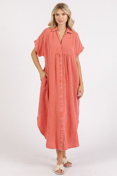 Mittoshop Mineral Wash V Neck Button Up Midi Shirt Dress Burnt Coral Casual Dresses