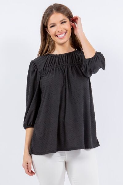 Celeste Full Size Puff Sleeve and Bow Detail Top Plus Size Black Blouses