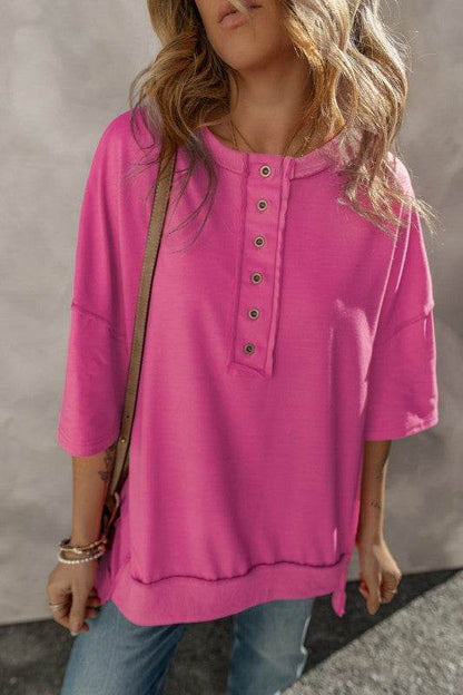 Aliana Exposed Seam Button Neck Wide Sleeve Tunic - Shop Style & More | Fresh Looks, Everyday Deals & Free Shipping
