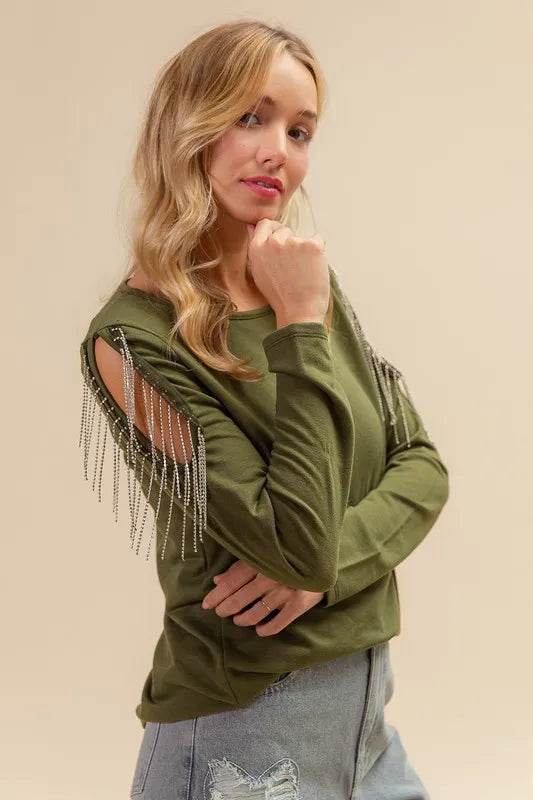 BiBi French Terry Cold Shoulder Ringstone Fringe Top - Shop Style & More | Fresh Looks, Everyday Deals & Free Shipping