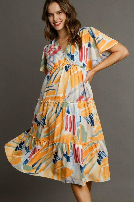 Umgee Full Size Abstract Print Flutter Sleeve Frill Tiered Midi Dress Plus Size - Shop Style & More | Fresh Looks, Everyday Deals & Free Shipping