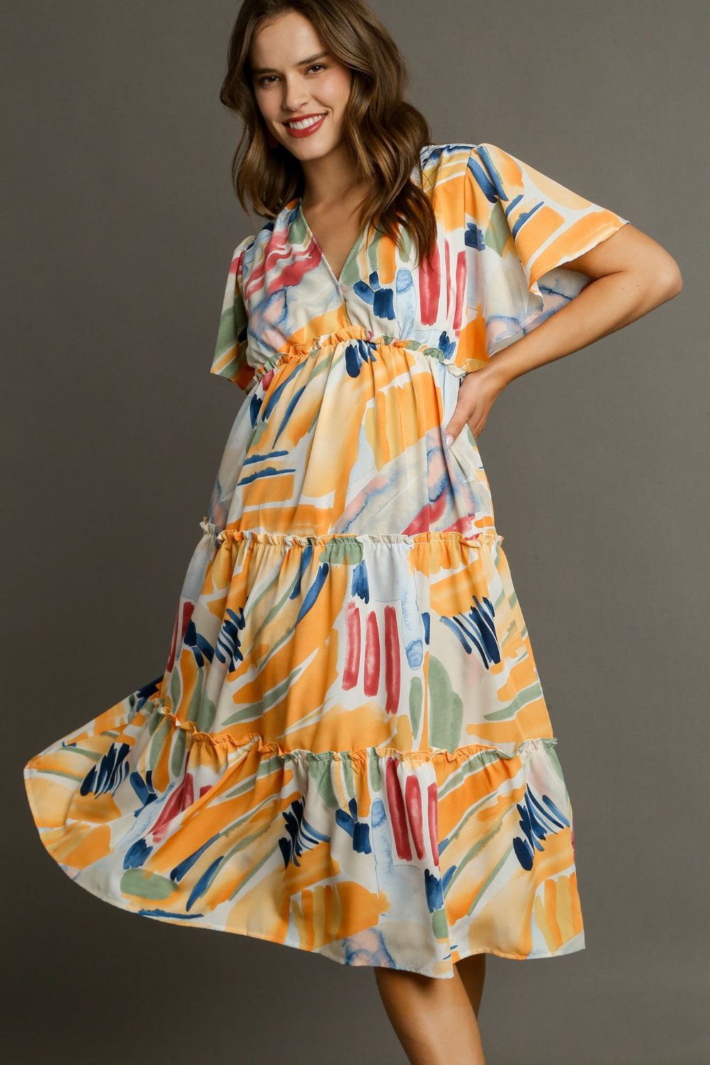 Umgee Full Size Abstract Print Flutter Sleeve Frill Tiered Midi Dress Plus Size TANGERINEMIX Casual Dresses