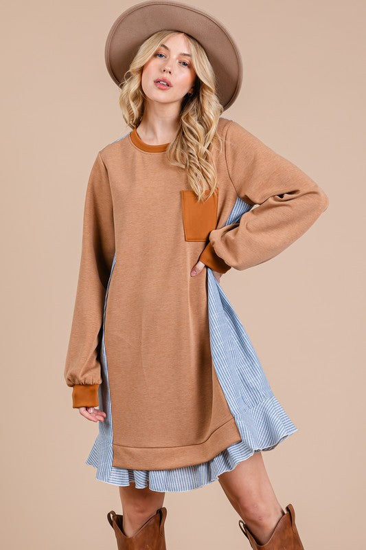 Ces Femme Striped Patchwork Round Neck Terry Sweatshirt Dress Caramel Casual Dresses