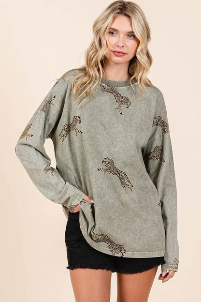 Mittoshop Mineral Wash Cheetah Print Long Sleeve Top - Shop Style & More | Fresh Looks, Everyday Deals & Free Shipping