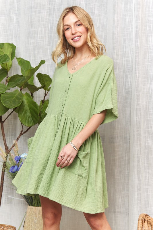 ADORA V-Neck Half Sleeve Dress with Pockets Casual Dresses