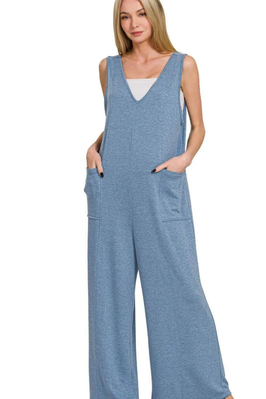 Zenana French Terry Deep V Neck Jumpsuits - Shop Style & More | Fresh Looks, Everyday Deals & Free Shipping