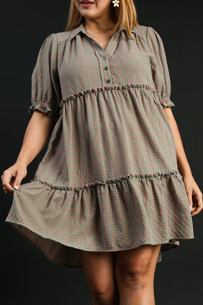 Umgee Full Size Plaid Frill Button Detail Ruffled Short Sleeve Dress Plus Size Casual Dresses