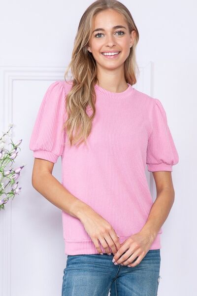 Reborn J Ribbed Round Neck Top - Short Sleeve Style PINK Blouses