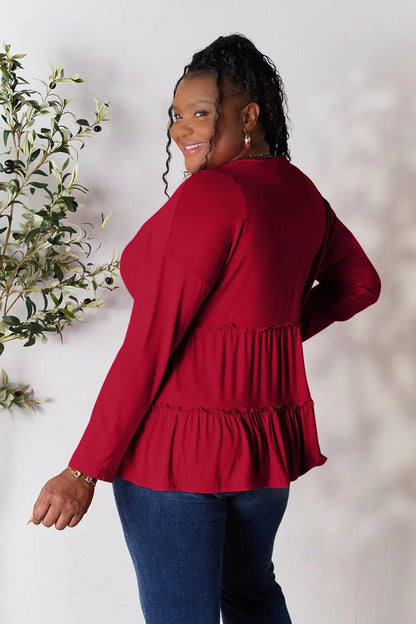 Double Take Half Button Long Sleeve Ruffle Hem Blouse - Shop Style & More | Fresh Looks, Everyday Deals & Free Shipping