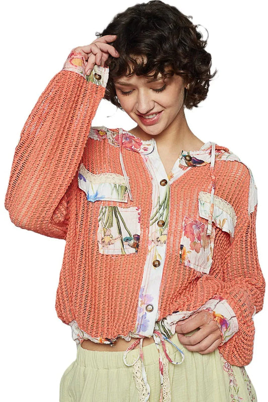 POL Vintage Washed Crochet Hoodie Jacket With Patchwork Women's Outerwear