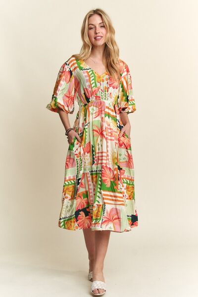 ADORA Floral V-Neck Puff Sleeve Midi Dress Natural Multicolor Casual Dresses