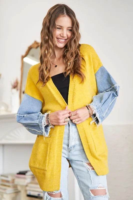 ADORA Full Size Frayed Denim Sleeve Sweater Cardigan Plus Size - Shop Style & More | Fresh Looks, Everyday Deals & Free Shipping