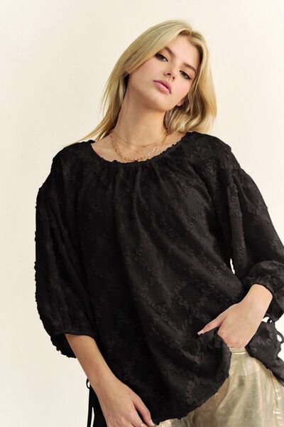 Davi & Dani Tied Round Neck Mesh Blouse Blouses