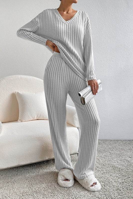 Women Ribbed Knit V Neck Slouchy Two-piece Outfit - Shop Style & More | Fresh Looks, Everyday Deals & Free Shipping