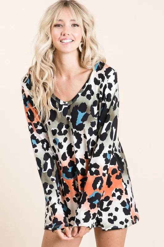 BiBi Gradation Leopard Print Soft Knit Deep U Neck Top - Shop Style & More | Fresh Looks, Everyday Deals & Free Shipping