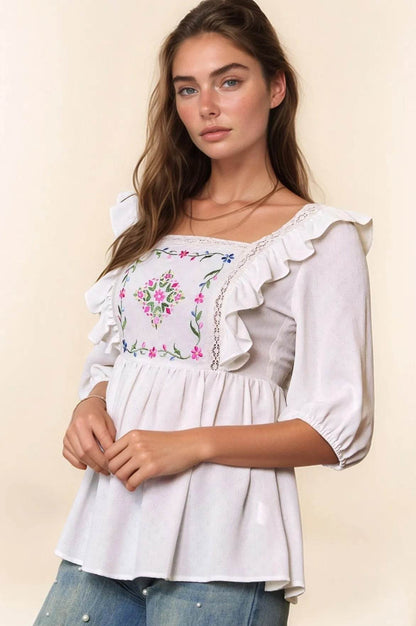 Davi & Dani Texture Tie Back Floral Embroidery Frill Blouse - Shop Style & More | Fresh Looks, Everyday Deals & Free Shipping