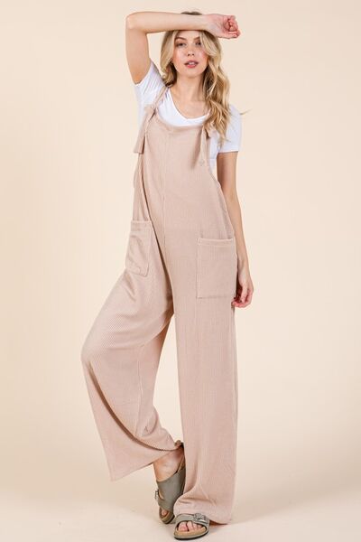 BOMBOM Knot Straps Wide Leg Ribbed Overalls with Pockets Jumpsuits