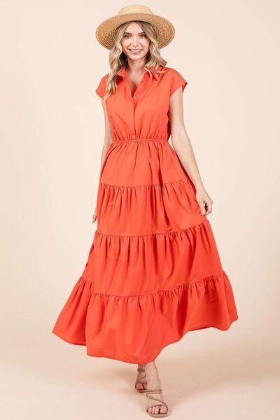 Mittoshop Button Up Collared Tiered Maxi Shirt Dress Casual Dresses