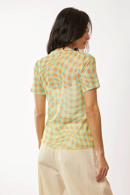 Davi & Dani Checker Board Printed Mesh Short Sleeve Top - Shop Style & More | Fresh Looks, Everyday Deals & Free Shipping