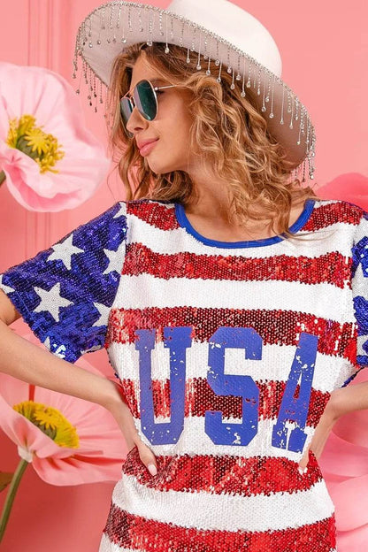 BiBi American Flag Theme Usa Print Sequin Dress - Shop Style & More | Fresh Looks, Everyday Deals & Free Shipping