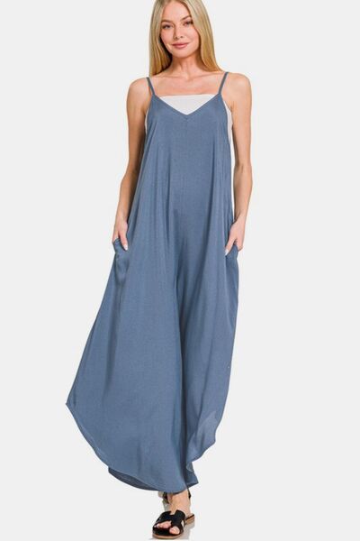 Zenana Wide Leg Overalls with Pockets - Spaghetti Strap Design DUSTY BLUE Jumpsuits