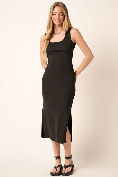 Mittoshop Side Slit Wide Strap Midi Tank Dress Black Casual Dresses