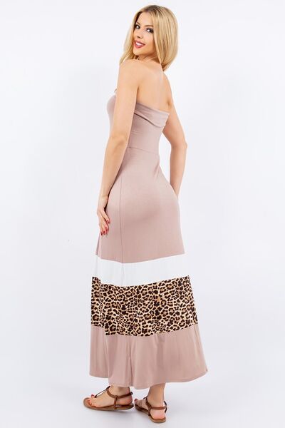 Celeste Full Size Leopard Color Block Tube Maxi Dress Plus Size Casual Dresses