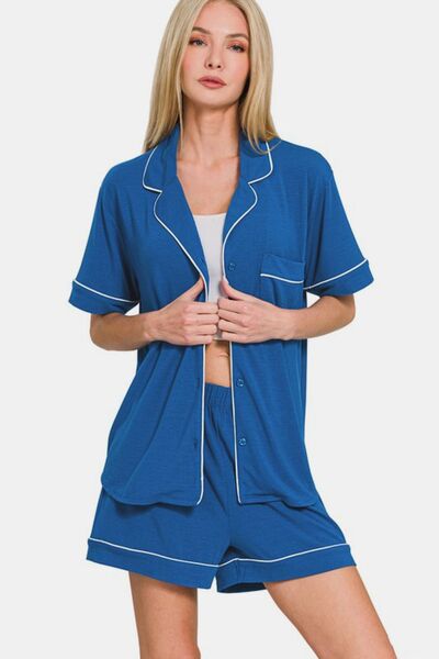 Zenana Button Down Short Sleeve Top and Shorts Lounge Set Lounge Set