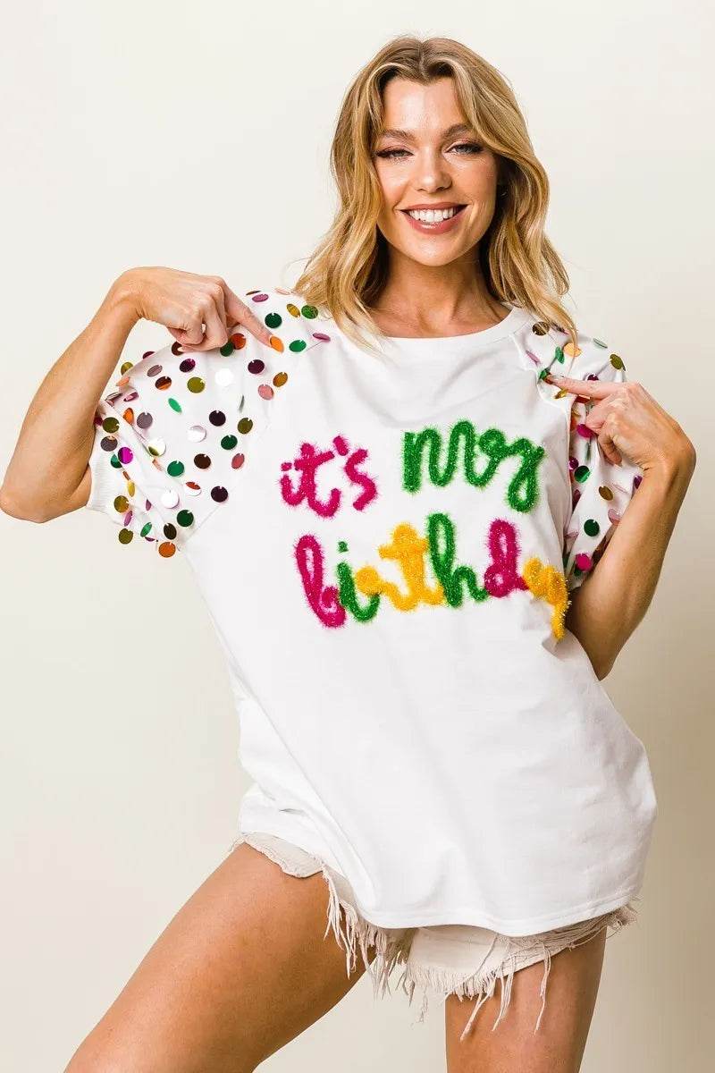 BiBi Metallic Letter Spangle Raglan Puff Sleeve Top - Shop Style & More | Fresh Looks, Everyday Deals & Free Shipping