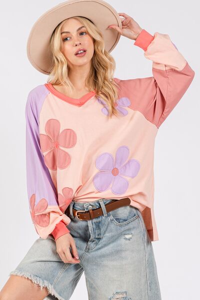 SAGE + FIG Full Size Daisy Applique Patch Color Block Long Sleeve Top Blush Hoodies & Sweaters