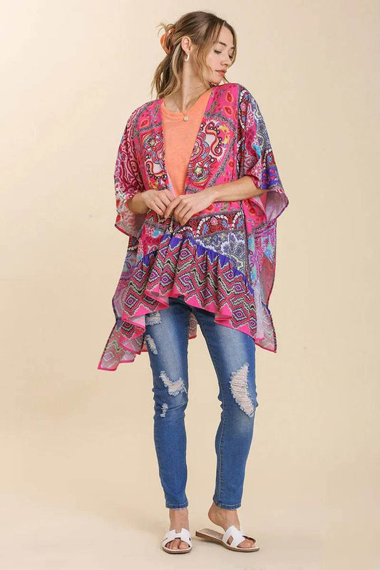 Umgee Full Size Mixed Print Ruffle Hem Open Front Cover Up Plus Size - Shop Style & More | Fresh Looks, Everyday Deals & Free Shipping