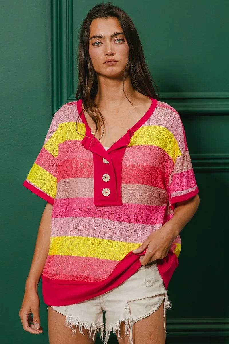 BiBi Multi Color Stripe Hacci Button Detail Ringer Top - Shop Style & More | Fresh Looks, Everyday Deals & Free Shipping