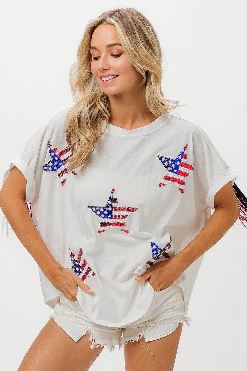 BiBi American Flag Sequin Star Fringe Top - Shop Style & More | Fresh Looks, Everyday Deals & Free Shipping